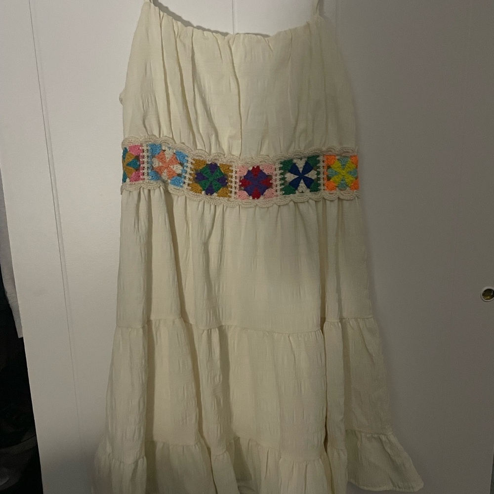 Cream Bohemian Skirt with Colorful Embroidery